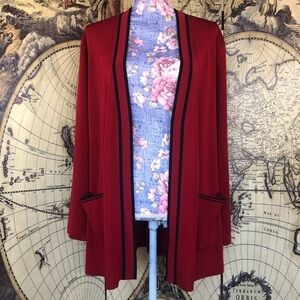 Exclusively Misook open front cardigan in vibrant ted and black. Size M